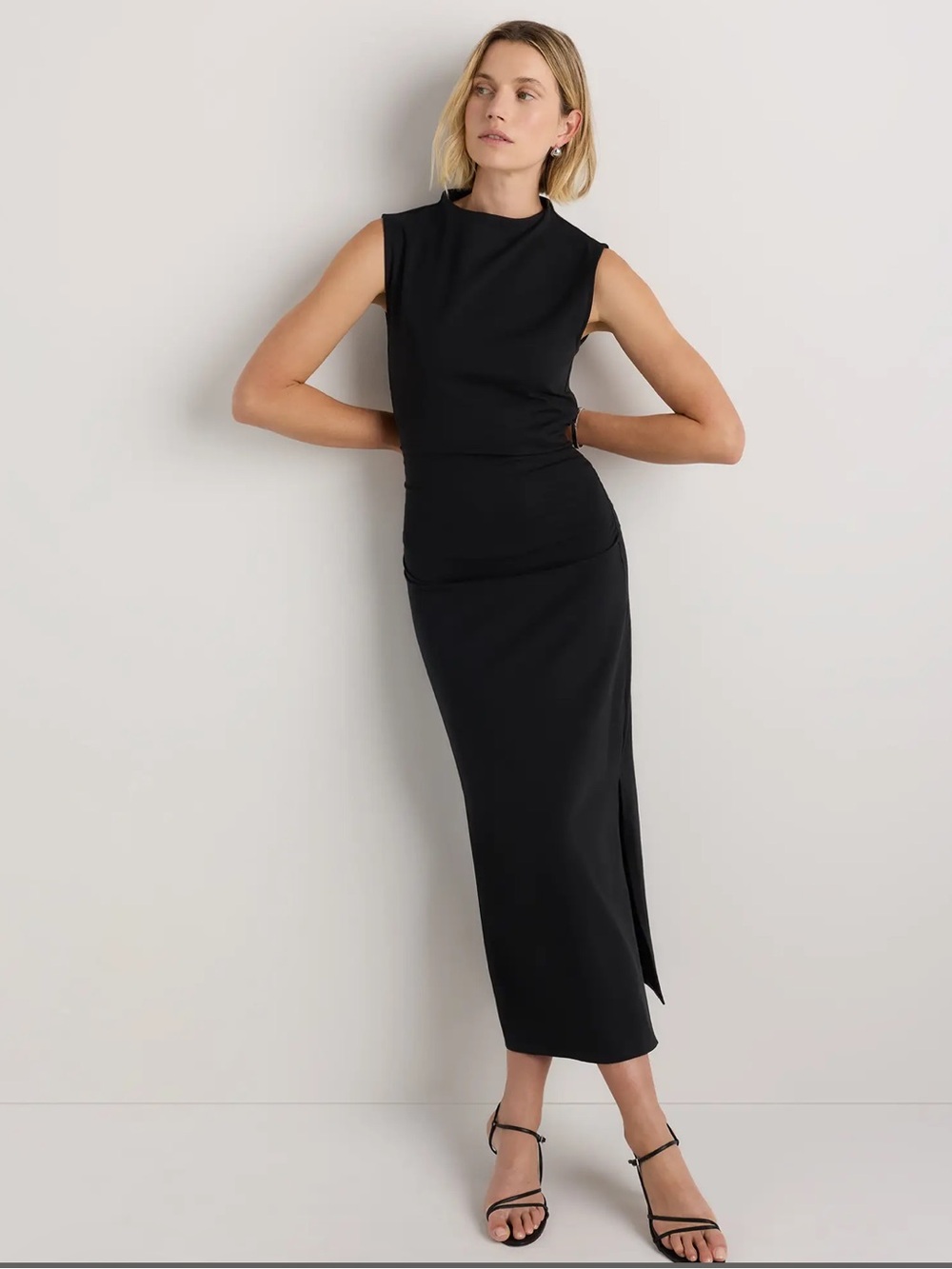 Quince Stretch Cotton Jersey Mock Neck Midi Dress in True Black - XS
